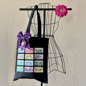 New 80s 90s Music Cassette Tape Shopping Bag Purse Tote w/ Bow & Boombox Accent